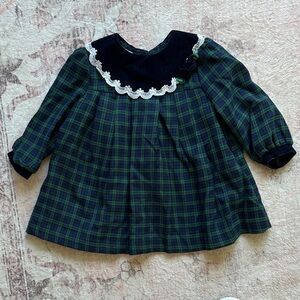 Vintage Bonnie Baby Green Plaid Smocked Collared Holiday Dress